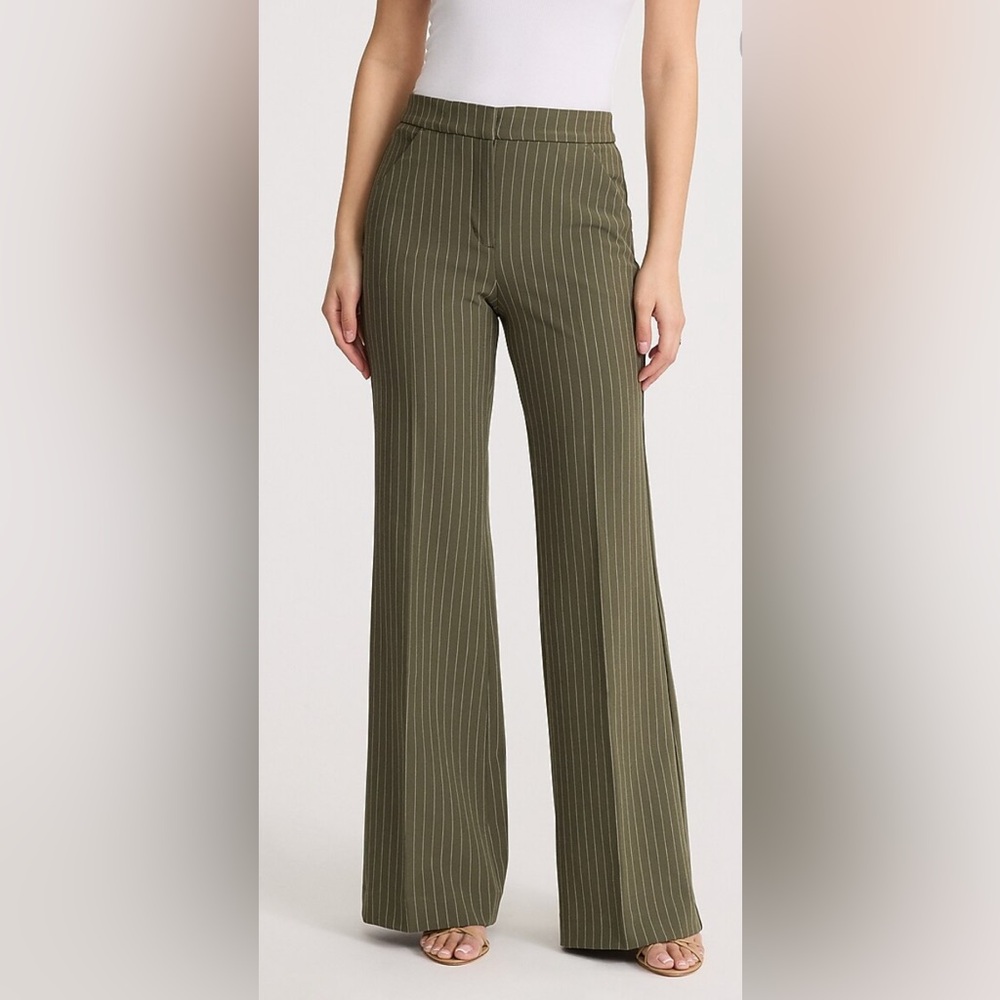 Express High-Waisted Pinstripe Flare Trousers – Olive (Size 0, Run Small)